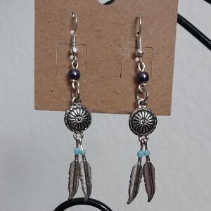 Silver and Blue Feather Charm Earrings